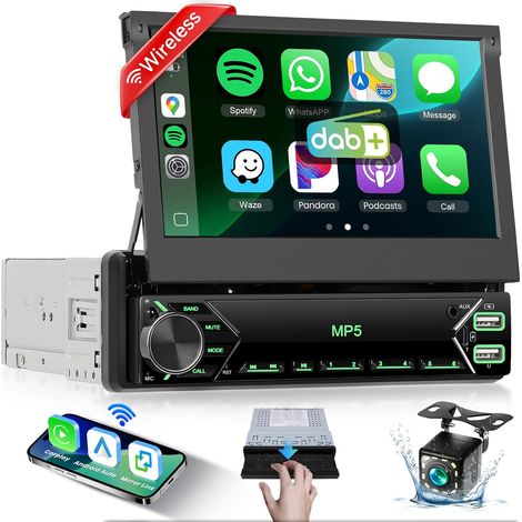 1 Din Folding 7 Inch Car Radio with Dab Wireless Carplay Android Auto, 1 Din Touch Screen Bluetooth Car Radio with Mirror Link EQ FM USB Type-C AUX Microphone HD Backup Camera (1/5)