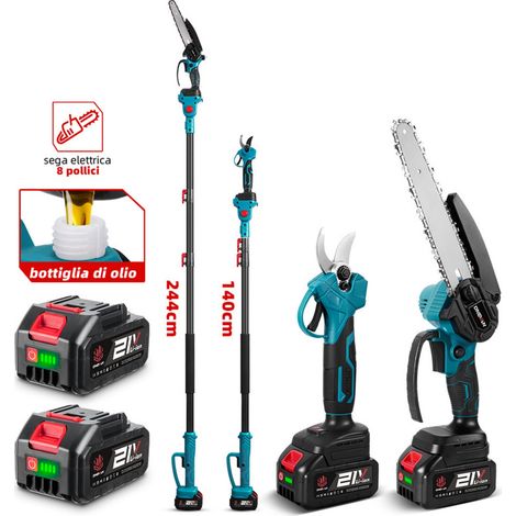 Motoseghe a batteria 8 pollici e cesoie elettriche telescopiche da 25 mm, potatore su asta 3 in 1 con 2 batterie, portata massima 2 m
