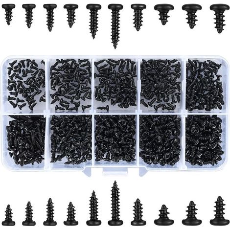 RHG 500 Pièces Vis Autotaraudeuses, Vis Autoforeuses à Tête Cruciforme, Vis à Bois à Tête Ronde Noire pour Plastique Bois Métal - M2/M2.3/M2.6/M3-