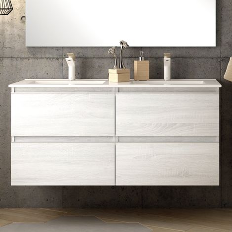 Cosyneo – Meuble de salle de bain 140cm double vasque – 4 tiroirs – sans miroir – finition bois blanchi – hydrofuge – livré monté