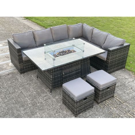 Fimous Outdoor Rattan Garden Corner Furniture Gas Fire Pit Table Sets Gas Heater Lounge Small Footstools Dark Grey Mixed 8 Seater (1/4)