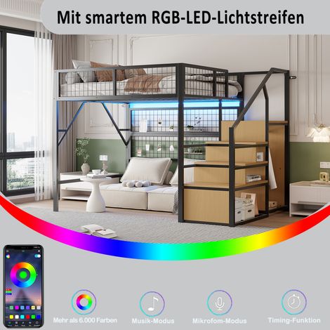 Lit surélevé en acier, 140x200 cm, parfait pour chambre d'enfant et ado. Ce couchage mezzanine moderne inclut rubans LED pilotables via appli, échelle avec tiroirs de stockage et armoire ouverte. Tein (1/5)