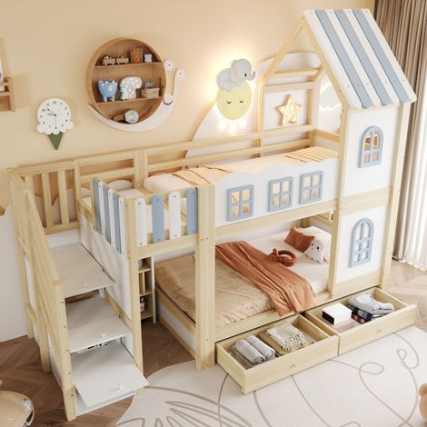 Lit superposé enfant blanc bois 90x200 toit fenêtres barrière nuage échelle rangement étagères tiroirs lit mixte garçon fille chambre (sans Matelas) (1/5)