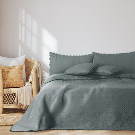 AmeliaHome Copriletto con pompon 200 x 220 cm Copriletto double face Ultrasonic Trapuntatura Poliestere Meadore Grigio (1/5)