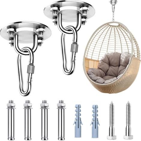 Set mit 2 robusten Deckenhaken aus Edelstahl – für Hängesessel, Hängematten und Schaukeln – 360° drehbar – silberne Haken (1/4)