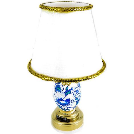 Lampe de table moderne pour maison de poupée, base florale bleue, abat-jour blanc, éclairage LED à piles ( )