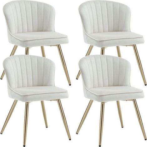 Lot de 4 chaises de salle à manger en velours beige, pieds dorés, dossier capitonné (1/5)