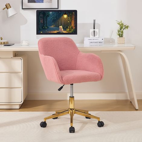 Silla de oficina giratoria de tela teddy rosa, altura regulable, base dorada con ruedas, OKWISH (1/5)