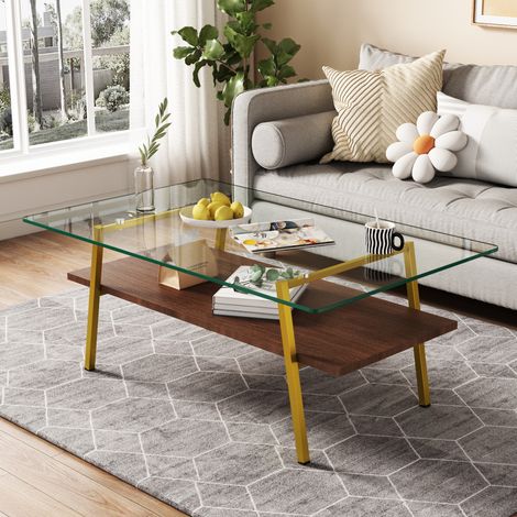 Tavolino rettangolare in vetro temperato, gambe in metallo dorato, 98 x 58 x 42,5 cm DESVIAE (1/5)