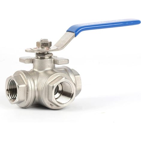 1 Robinet à boisseau sphérique 3 voies, Acier inoxydable 304, Filetage G 1/2", Montage en T, Pour plomberie et industrie