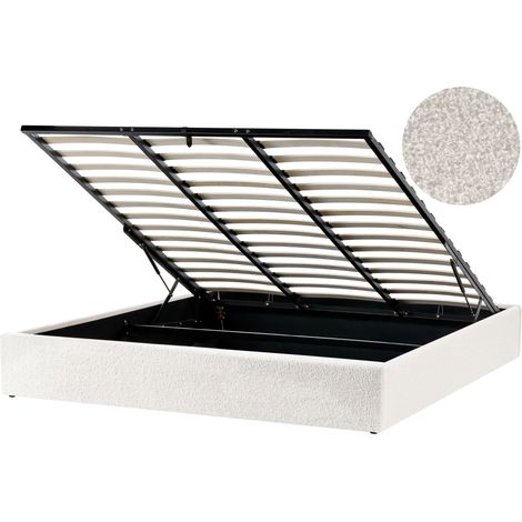Cama con almacenaje moderna sin cabecero tapizada de bouclé blanco crema 180 x 200 cm Dinan