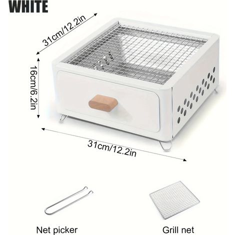 (Blanc) Barbecue carré portable au charbon de bois avec fonction infusion de thé, adapté aux fêtes de camping et aux pique-niques dans le jardin. (1/5)