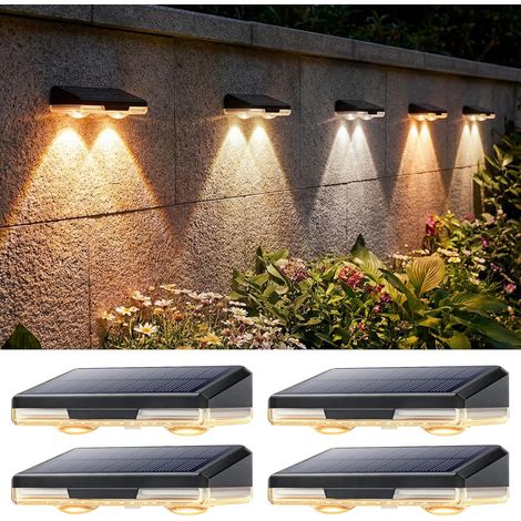 Lampe Solaire Applique Exterieure, 4 Pièces LED Lumiere Solaire Murale Jardin Extérieur, 3 Modes Lumiere Solaires Étanche IP65, Décoration pour Clôture Cour Patio Jardin Mur Terrasse