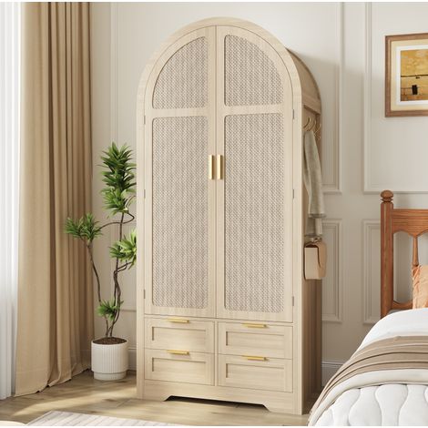 Armoire 80x50x179 cm chêne en MDF avec portes courbes, rotin, penderie et tiroir (1/5)