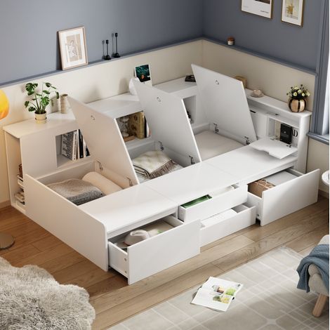 Lit enfant MDF blanc 90x200 cm avec sommier inclus, 4 tiroirs et rangements intégrés (1/5)
