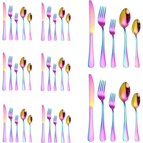 Ensemble de couverts arc-en-ciel 40 pièces avec plateau de rangement, en acier inoxydable, pour 8 personnes : couteau de table, fourchettes de table, cuillères de table, fourchettes à salade, cuillère (1/5)