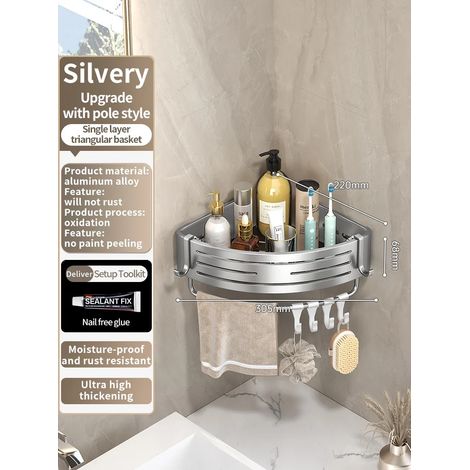 (JS68silvery trianglB) Étagère murale en aluminium pour salle de bain, rangement pour shampoing, organisateur de cuisine, sans perçage nécessaire. (1/5)