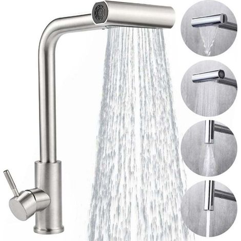 Kitchen Mixer Tap with Pull-Out Spray Head in Stainless Steel - 360° Rotating Kitchen Faucet with Brushed Finish, 4 Flow Modes + Anti-Drip System
