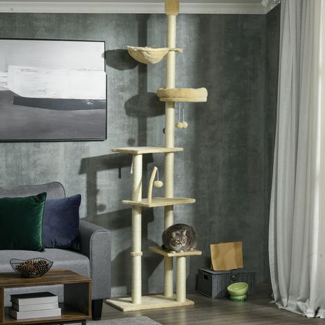 Arbre Chat Sol Plafond 230-250 Hauteur Réglable Plateformes Multiples Hamacs Paniers Balles Animaux Compagnie Beige