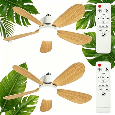 Lot de 2 Ventilateur de Plafond avec Lumière et Telecommande, E27 40W Lampe de Ventilateur LED Dimmable Plafonnier Timing, Silencieux, 3 Vitesses pour Chambre, Salon, Bureau (Grain de Bois) (1/5)