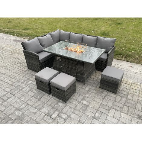 Fimous Rattan Garden Furniture High Back Corner Sofa Gas Fire Pit Dining Table Sets Gas Heater with 3 Small Footstools 9 Seater Dark Grey Mixed