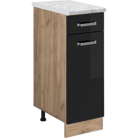 Mueble bajo de cocina R-Line, Negro brillo intenso, 30 cm ET Mármol, Vicco