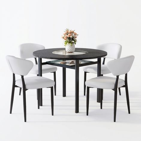 Ensemble table ronde avec 2 chaises blanches, table ronde 100 cm pour 2 à 4 personnes, plateau noir effet bois et verre (1/5)