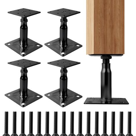 Supports de Poteau Galvanisés de 100 à 150 mm, Lot de 4 Supports de Poteau Réglables en Hauteur avec 16 Vis, Embase Pied de Poteaus Carrée Réglable pour Clôtures, Abris, Pergolas (Noir)
