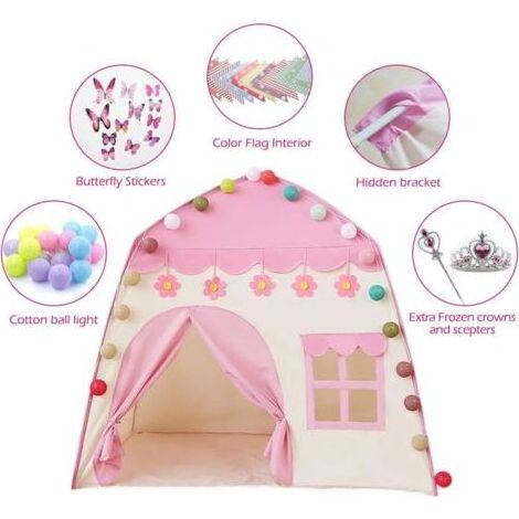 Tente de jeu pour enfants pour filles Tente de jeu princesse Chambre d'enfant Sécurité intérieure extérieure Non toxique avec boules de coton Lumières Baguette de couronne de princesse congelée 130 1 (1/5)