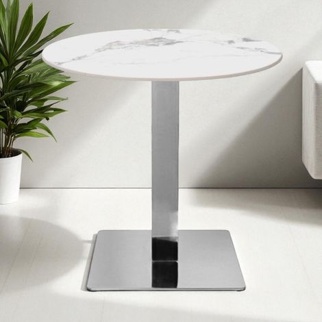 Tavolo pub ristorante bar rotondo 70 cm Top esterno effetto Marmo Bianco base argento H 75 (1/4)