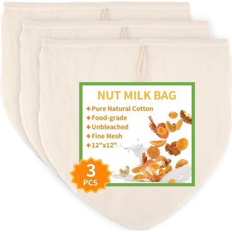 Bolsa para leche vegetal: 30 x 30 cm, tela de algodón reutilizable para colar – bolsa de filtro lavable con cordón para leche vegetal, queso, yogur, zumo de frutas. (1/5)