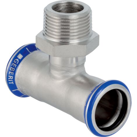 Raccord en T Mapress en acier inoxydable avec sortie et filetage mâle, diamètre 28 mm x pas de 25,4 mm, sans silicone, ÜA