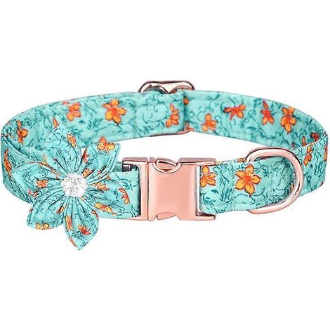 Hundehalsband mit Blumenmuster, Damenhalsband mit abnehmbarer Blume, blau, Größe S, elegantes und verstellbares Accessoire.