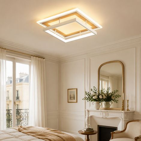 Plafonnier LED, lampe de plafond, luminaire plafond carré, 2817 lm 34 W, salon chambre cuisine, blanc sable effet bois (1/5)