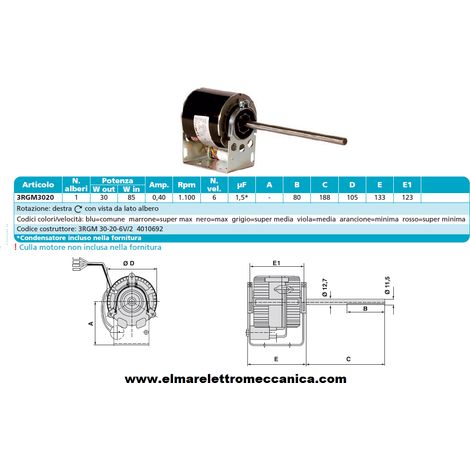 ELCO 3RGM 30-20-6V/2 Motore 85 W MONOALBERO 6 Velocità aspiratore Fan Coil