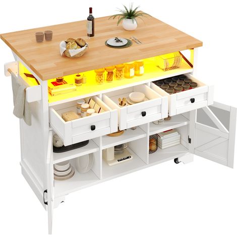 Carrello da Cucina con Piano Pieghevole, LED controllata tramite Applicazione e Ripiani Regolabili, in MDF, Bianco (1/5)