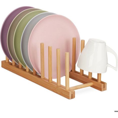 égouttoir bambou, long et moderne, transportable, porte-assiette, 8 piquets, couvercle et assiette, nature (1/5)