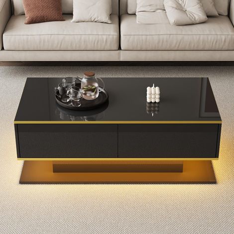 Table basse rectangulaire - 100x50x40cm - LED - bordure dorée, 3 tiroirs - finition brillante - Noir (1/5)