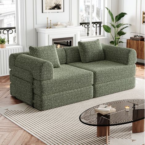 Schlafsofa 2-in-1 mit Armlehnenfach Chenille Grün OKMYHOME (1/5)