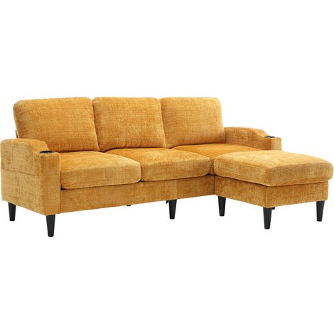 Divano 4 posti in ciniglia gialla con pouf contenitore, portabicchieri e tasche laterali (1/5)