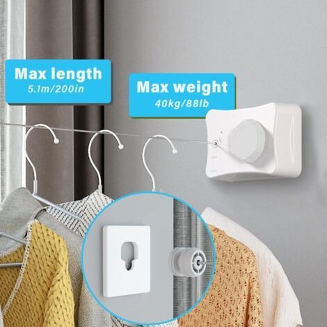 Corde à Linge Rétractable 5,1M, Acier Inoxydable Fil a Linge Extérieur Retractable, Etendoir Linge Exterieur Retractable, Fil à Linge Retractable Intérieur Mural (1/3)