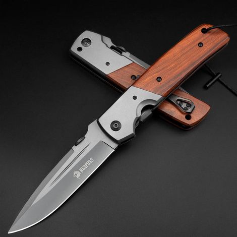 Couteau pliant 28cm, manche bois, Liner Lock, clip, idéal survie et cadeau (1/5)