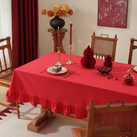 Nappe ronde 180cm coton lin avec bord volanté style champêtre