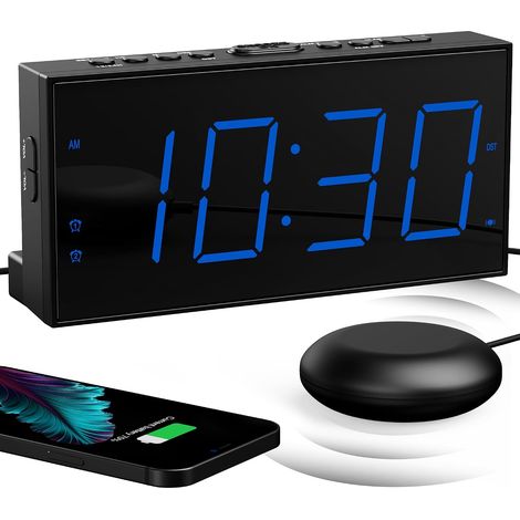 Réveil Extra Fort avec Secoueur de Lit, LED 7'' pour Sourd et Malentendant, Gros Dormeur, Double, Lumineux à 5 Niveaux, Snooze, Charger USB, Variateur d'Intensité, 12/24 H (1/5)