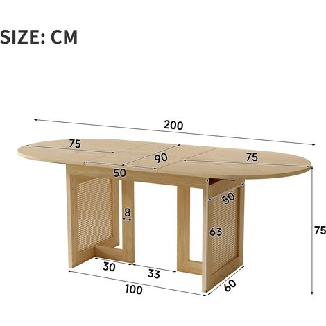 Table extensible 150/200 x 90 cm, pour 6 à 8 convives, angles arrondis, plateau épais, style sobre, pieds en rotin, finition chêne (1/5)