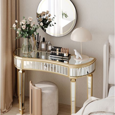 Table console miroir demi-lune 120 x 38 x 78 cm, tiroir, or et argent DESVIAE (1/5)
