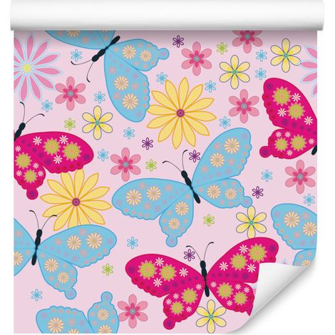 Papel pintado con mariposas, flores y plantas de colores para salón y dormitorio, 50x1000 cm. (1/5)