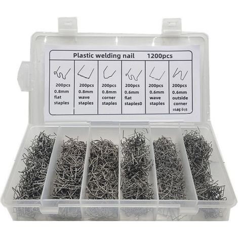 SUNXURY 1200 piezas de clavos de soldadura para reparación de parachoques de plástico de automóvil, caja de grapas calientes, clavos de reparación de alambre de soldadura adecuados para automóviles (1/5)
