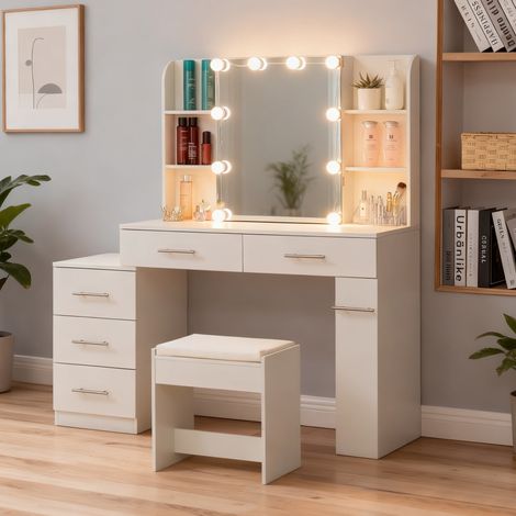 Schminktisch aus MDF in Weiß mit Spiegel, Schubladen, LED und gepolstertem Hocker (1/5)