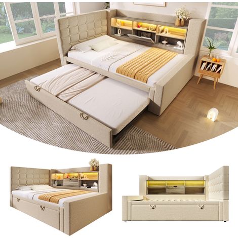 Lit capitonné 90x200 cm avec lit gigogne 90x190 cm et LED, tête de lit en L avec rangement, montage réversible, sommier inclus, lin beige (sans matelas)